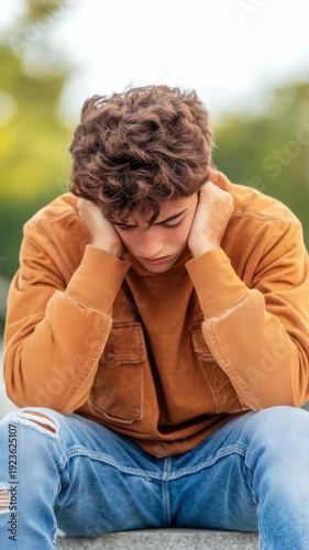 Young man in denim jacket with hand on face
