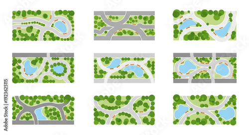 Aerial view of various park designs with water features and pathways.