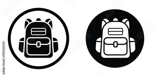 Circular backpack icon set. Black and white round symbols representing school bags, luggage storage, or hiking gear locations.