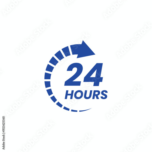 Blue 24 hours service icon with dashed arrow and clock element for round-the-clock business delivery and support