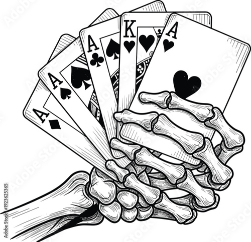Skeleton hand holding playing cards, poker gamble concept illustration, spooky casino theme, vintage tattoo style drawing isolated vector