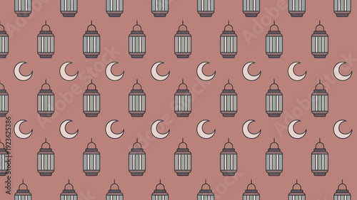 A seamless, repetitive pattern composed of stylized lanterns and small crescent moons is arranged neatly on a soft rose-colored background.