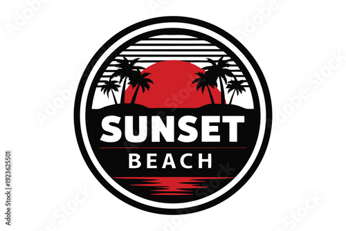 Silhouette palm trees frame a golden sunset over the calm ocean waves within border