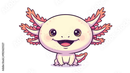 A cheerful cartoon axolotl with pink gills and a wide smile standing against a clean white background with vibrant colors.