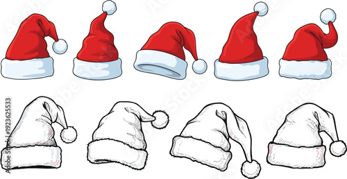 Santa Claus hats set, Christmas holiday red caps collection, festive winter accessory illustration isolated on white background design