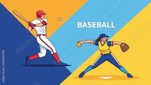 Illustration of a baseball player swinging a bat and a softball player pitching on a split blue and yellow background with the word 'BASEBALL'.