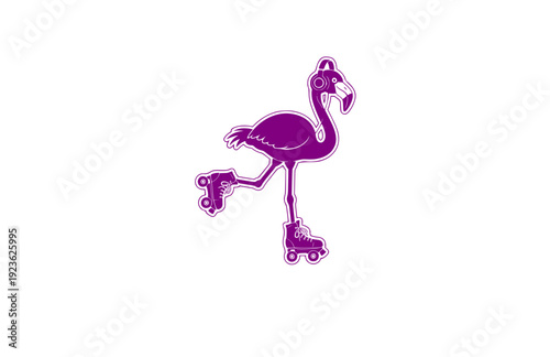 Funny Flamingo on Roller Skates with Headphones Sticker Silhouette. Absurdist Surreal Silliness and Playful Animal Vector.