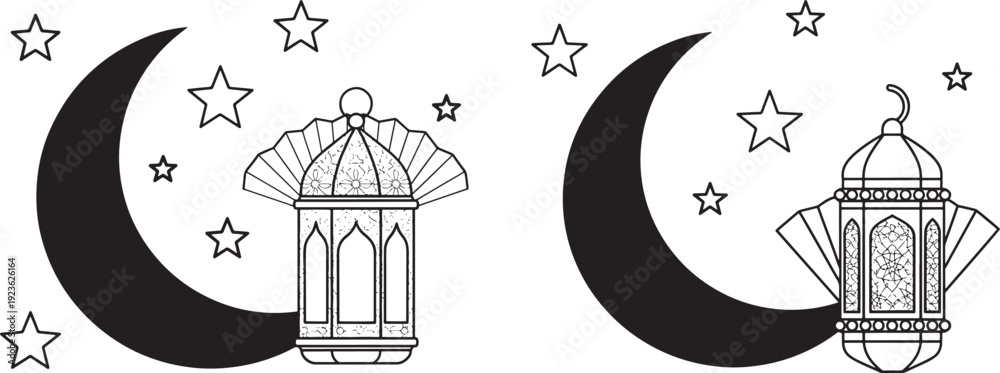 Naklejka premium Ramadan Kareem, crescent moon and star icons with traditional Islamic lanterns, black and white outline illustration