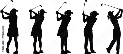 Female golfer silhouette collection, golf swing sequence isolated on white background