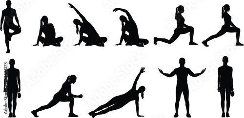 Fitness workout silhouette set yoga stretching lunges plank exercise vector illustration collection