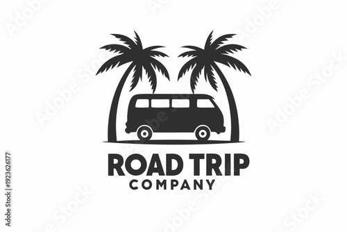 Silhouette road trip shows vintage bus with palm trees suggesting vacation getaway and adventure