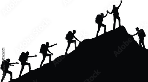 Hikers climbing mountain silhouette teamwork success adventure trekking vector illustration concept