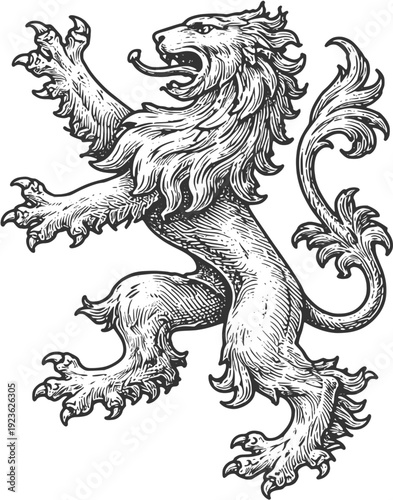 Vintage Engraved Heraldic Lion Rampant – Medieval Coat of Arms Woodcut Illustration