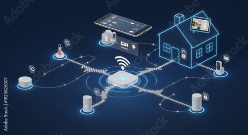 Smart home automation system with connected devices and wifi network on dark background