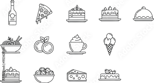 Dessert and Fast Food Outline Icon Set with Pizza Cake Ice Cream and Beverage Symbols for Restaurant Menu Design