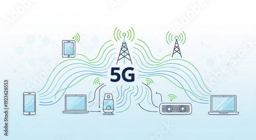 5g network connection illustration with devices and towers
