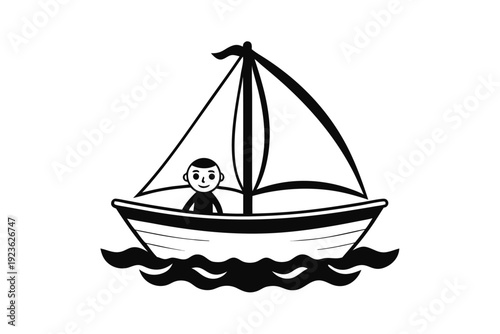 Silhouette shows a man sailing a small boat upon rippling waves of water