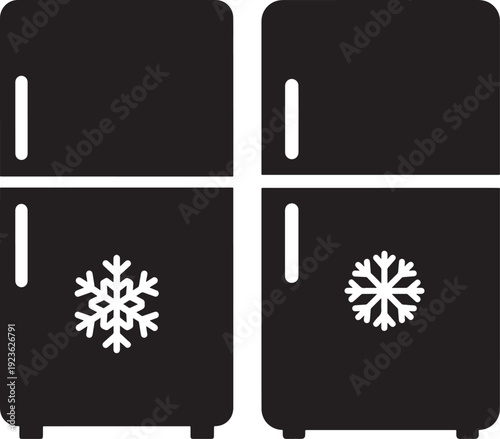 Two refrigerators with snowflakes, cold storage icons, freezing, appliance symbols, food preservation concept