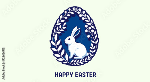 A cheerful rabbit inside an Easter egg with floral elements in modern vector style, ideal for holiday greeting cards