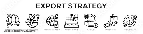  Export Strategy web banner icon vector illustration concept for business with icon of Export Import Industry, Export Routes, International Freight, Freight & Shipping, Trade Flow, Trade Finance,.