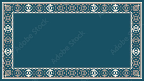 An elaborate rectangular frame with a deep blue interior is surrounded by intricate geometric floral patterns in silver and gold tones.