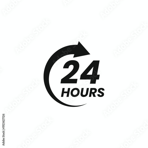 Black 24 hours service icon with circular arrow symbol for 24/7 business support, delivery, and professional customer assistance