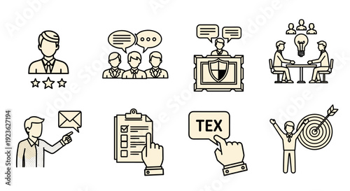 A collection of business and teamwork icons in outline vector style, suitable for corporate presentations and digital applications