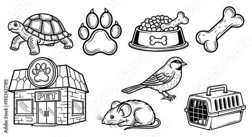 A collection of pet-themed illustrations including a turtle, paw print, bird, mouse, food bowl, bone, and pet shop in black and white vector style, ideal for animal care and pet-related branding