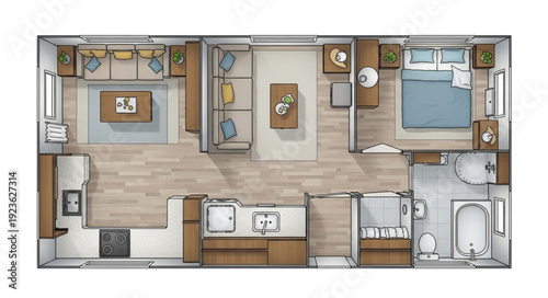 Detailed floor plan of a modern apartment with furniture and layout.
