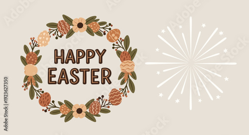 A floral wreath with the text 'Happy Easter' in a modern vector style, perfect for greeting cards and festive decorations