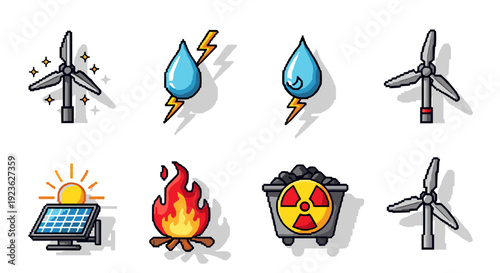 A collection of energy-themed icons including wind turbines, solar panels, water droplets, and fire in colorful vector style, suitable for environmental projects and sustainability themes