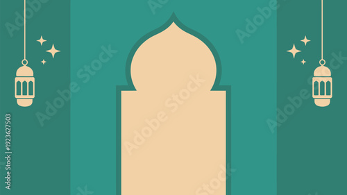 A minimalist arched mosque doorway or mihrab shape in beige stands centrally, accompanied by two ornate hanging golden lanterns and sparkling stars against a two-tone green background.