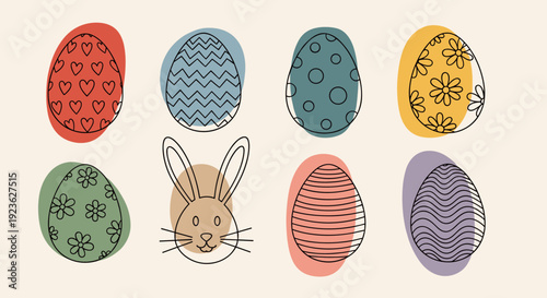 A collection of colorful decorated Easter eggs and a cute bunny in a modern flat vector style, perfect for spring celebrations and holiday designs