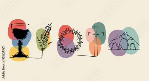 A collection of religious symbols including a chalice, wheat, crown of thorns, and cross in minimalist vector style, suitable for Christian themes and designs