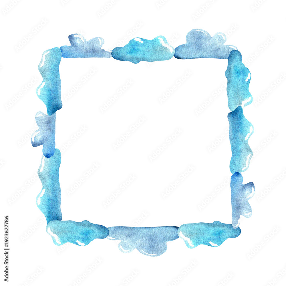 Fototapeta premium Square watercolor frame made of blue cloud shapes with soft textures on a white background, suitable for decorative and design purposes in various creative projects