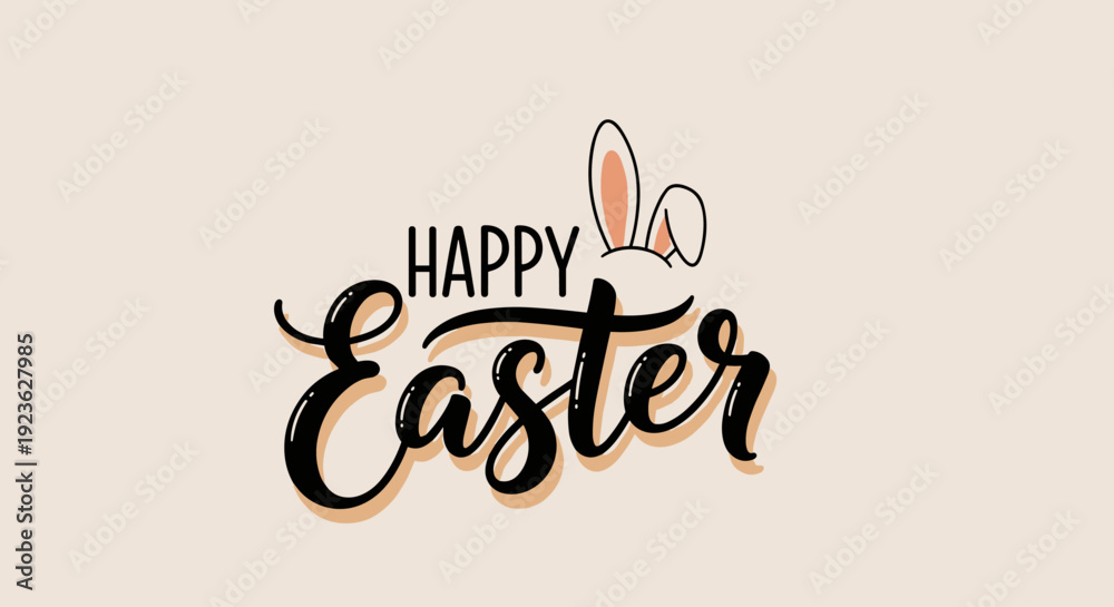 Obraz premium A decorative Happy Easter text with bunny ears in modern calligraphy style, perfect for greeting cards and seasonal decorations