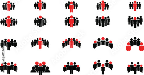 People group silhouette vector set featuring red leader figure among black crowd icons isolated on white background for leadership concepts