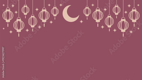 A striking maroon background is adorned at the top with a border of elegant hanging beige lanterns and sparkling stars, centered around a prominent beige crescent moon.