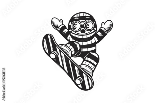 Silhouette snowboarder performs a mid air jump over mountains and pine trees design