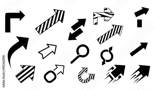 Decorative sideways and turn arrow icon collection with striped signs isolated on transparent background