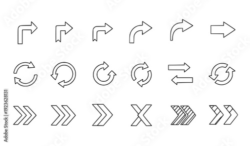 Minimal outline sideways and directional turn arrow icon collection isolated on transparent background