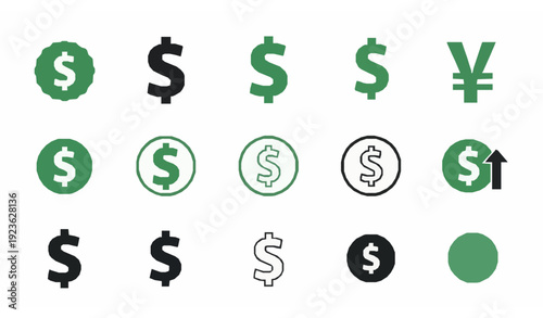 Flat dollar sign and money symbol icon collection isolated on transparent background