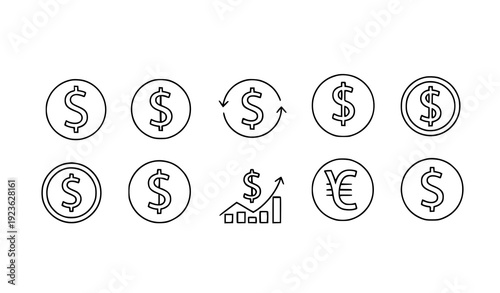 Minimal outline dollar and currency money icon set isolated on transparent background