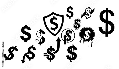 Decorative dollar sign and US currency icon collection isolated on transparent background