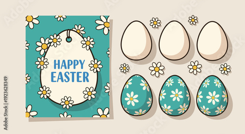 A collection of decorated Easter eggs and a greeting card with flowers in flat modern vector style, ideal for holiday celebrations and crafts