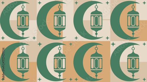 A delightful repeating pattern features green crescent moons with hanging green lanterns and tiny stars, set on an alternating checkerboard of beige and light green squares.