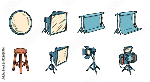 A collection of photography equipment icons including a camera, lights, and backdrop in flat vector style, perfect for creative projects