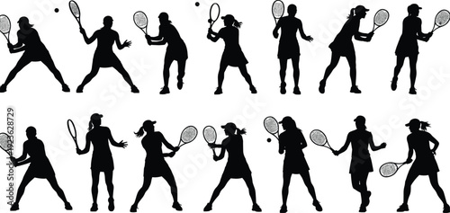 tennis, player, woman, female, athlete, sport, racket, silhouette, action, motion, serve, swing, match, game, training, fitness, competition, pose, figure, vector