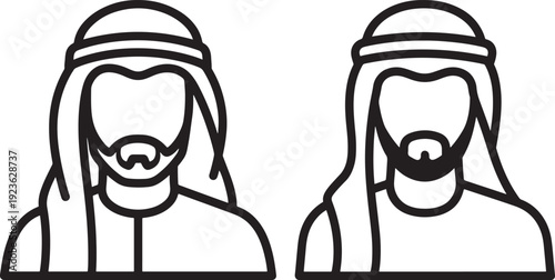 Two Middle Eastern men icons with traditional headdress and beard, outline illustration for cultural representation