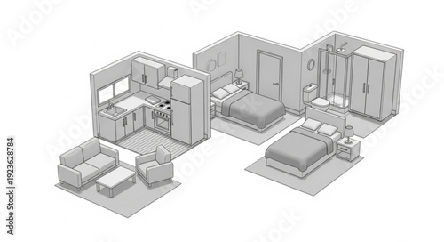 Detailed architectural rendering of a modern apartment layout, showcasing interior design.